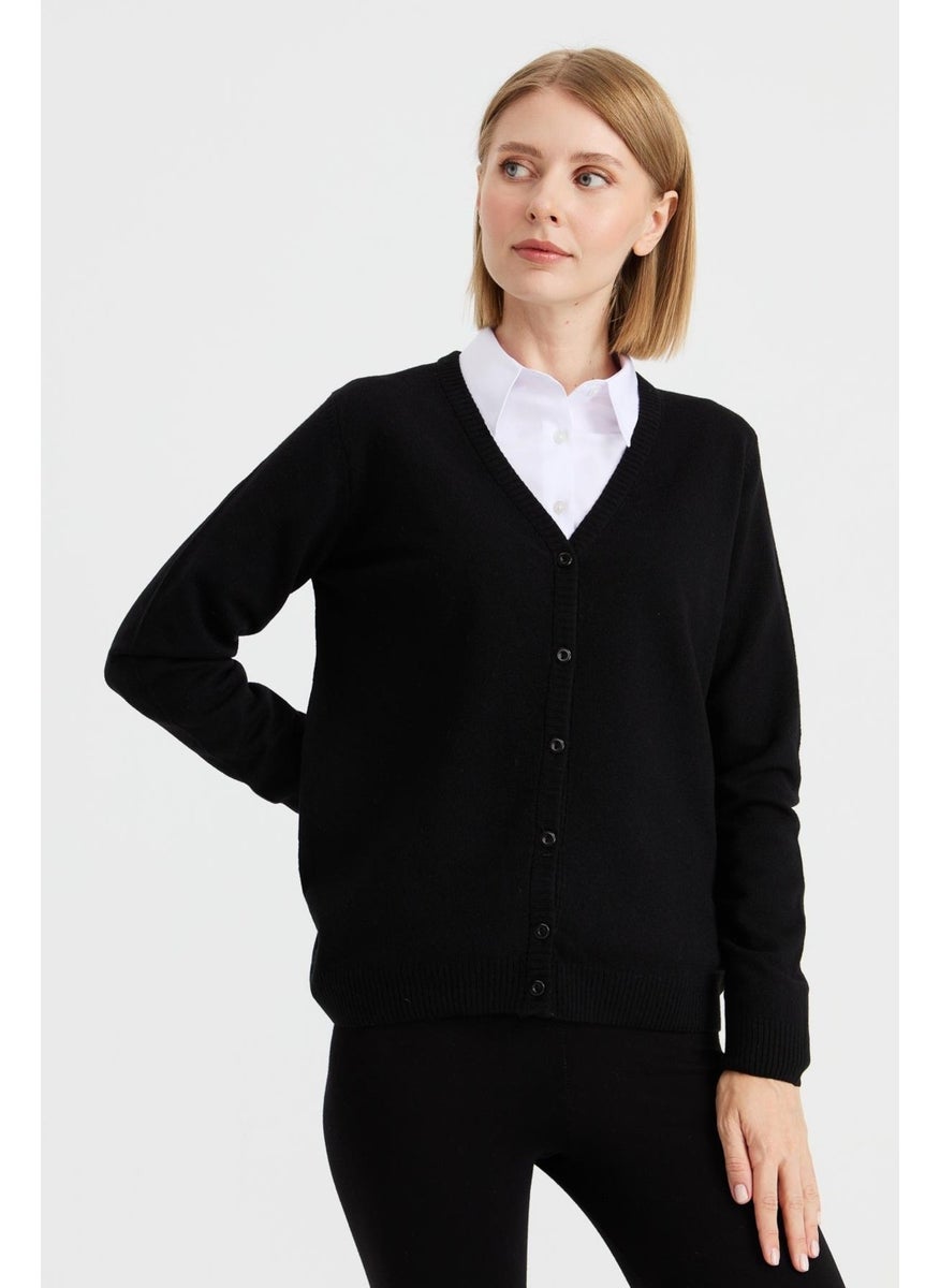 Desen Triko Pattern Knitwear Women V Neck Cardigan Wool Black  - Image 1