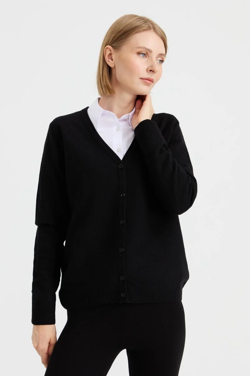 Desen Triko Pattern Knitwear Women V Neck Cardigan Wool Black