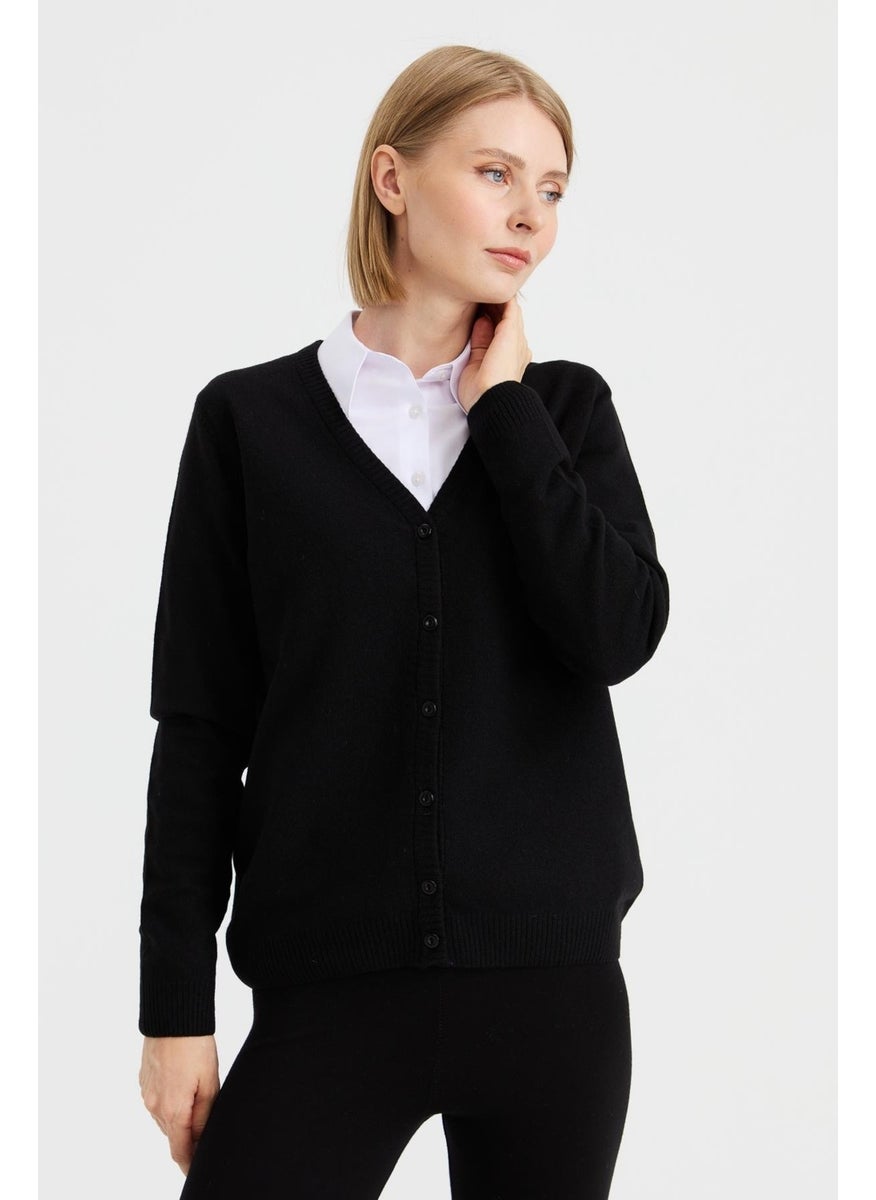 Desen Triko Pattern Knitwear Women V Neck Cardigan Wool Black  - Image 5