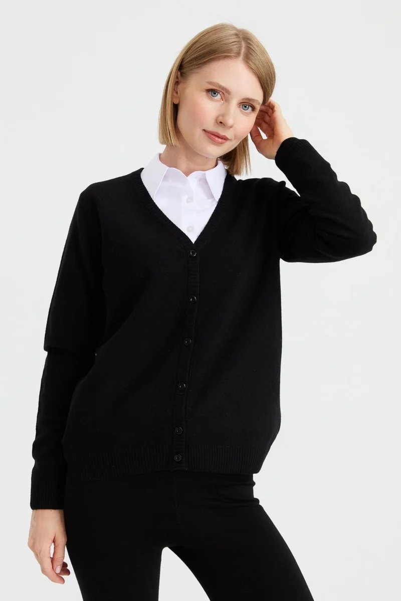 Desen Triko Pattern Knitwear Women V Neck Cardigan Wool Black