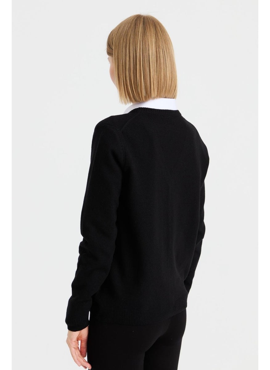 Desen Triko Pattern Knitwear Women V Neck Cardigan Wool Black  - Image 4
