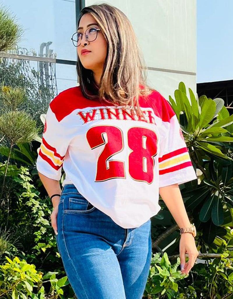JUNEBERRY Oversized Loose Fit Drop Shoulder Printed Sports Jersey T-Shirt for Women/Girls Red - Image 2