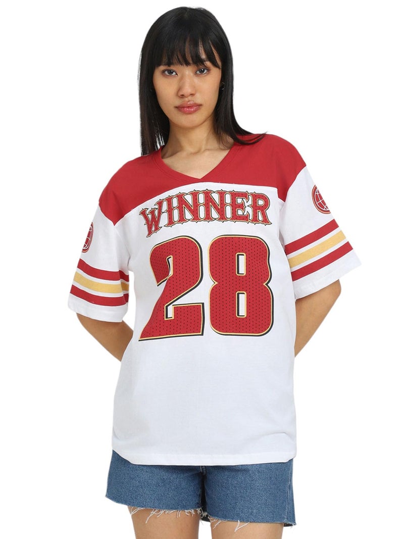 JUNEBERRY Oversized Loose Fit Drop Shoulder Printed Sports Jersey T-Shirt for Women/Girls Red - Image 1