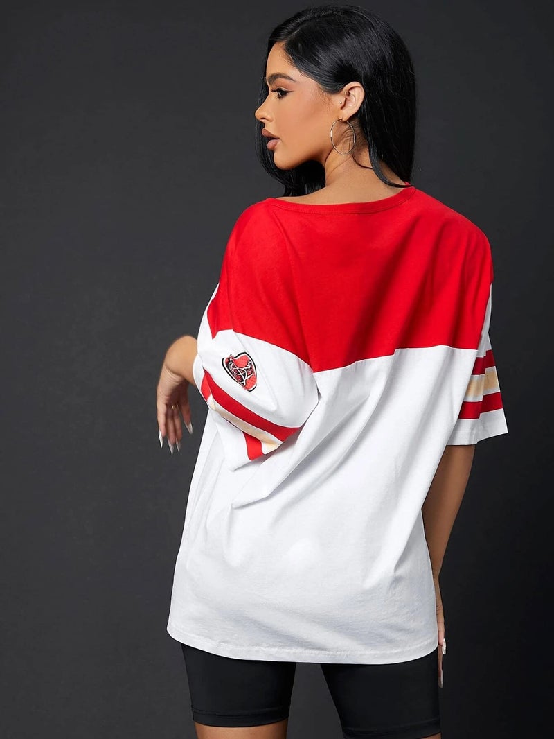 JUNEBERRY Oversized Loose Fit Drop Shoulder Printed Sports Jersey T-Shirt for Women/Girls Red - Image 3