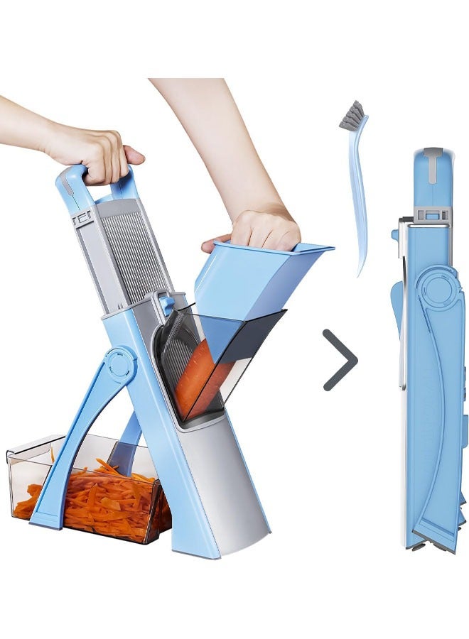 يلا جوي ﻿ مفرمة خضروات متعددة الاستخدامات، سُمك قابل للتعديل، شفرة قابلة للفصل، تقطيع شرائح وشرائح ونردات ومكعبات وتقطيع وفرم وتقطيع، مفرمة سلطة مطبخ أسرع مع وعاء (أزرق) - Image 1