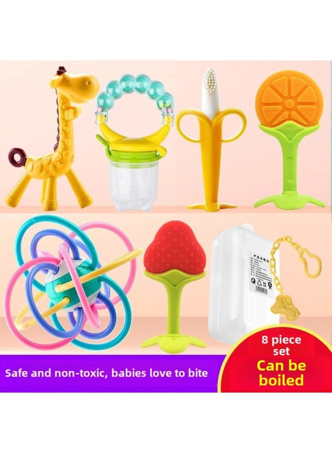 Baby Teether Teether Teether Stick Baby Bite Manhattan Hand Ball Toy Teether Silicone Boiled Deer-Color:Deer Teether + Storage Box + Anti-drop Chain
