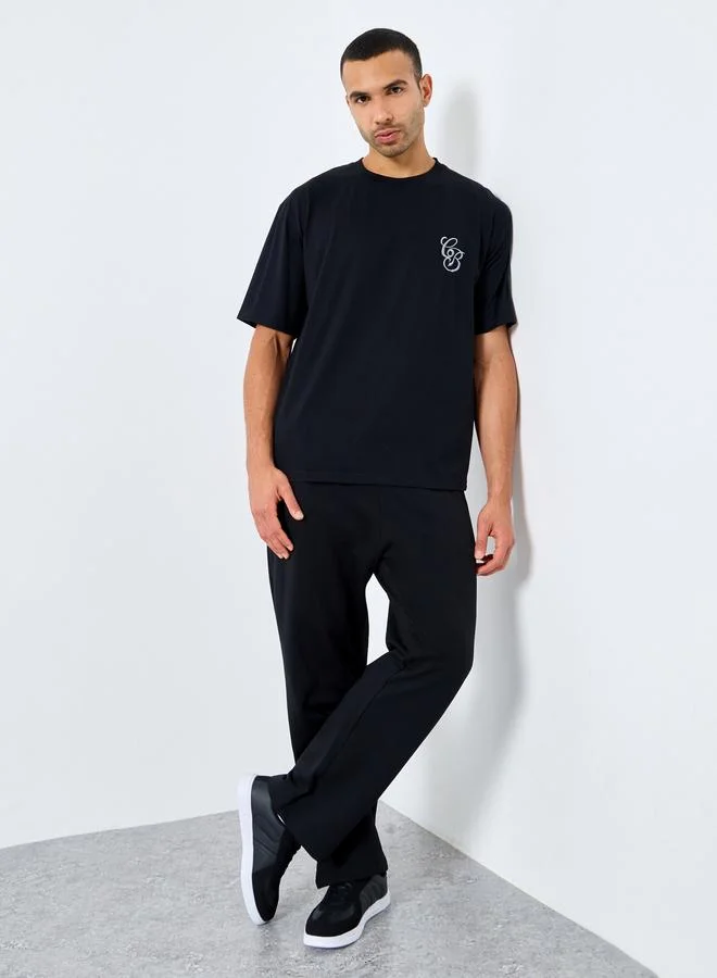Styli Men Black Embroidered Back Crew Neck T-Shirt