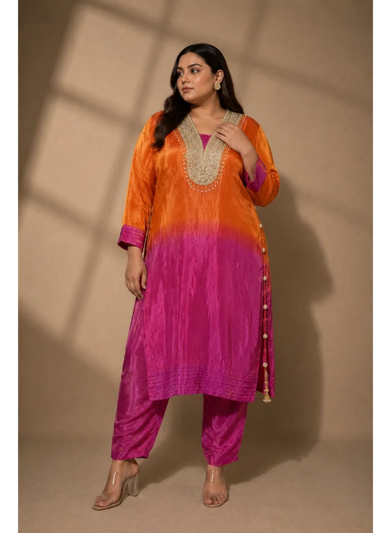 Lehar Orange Ombre Embroidered Straight Kurta with Cigarette Pants Set