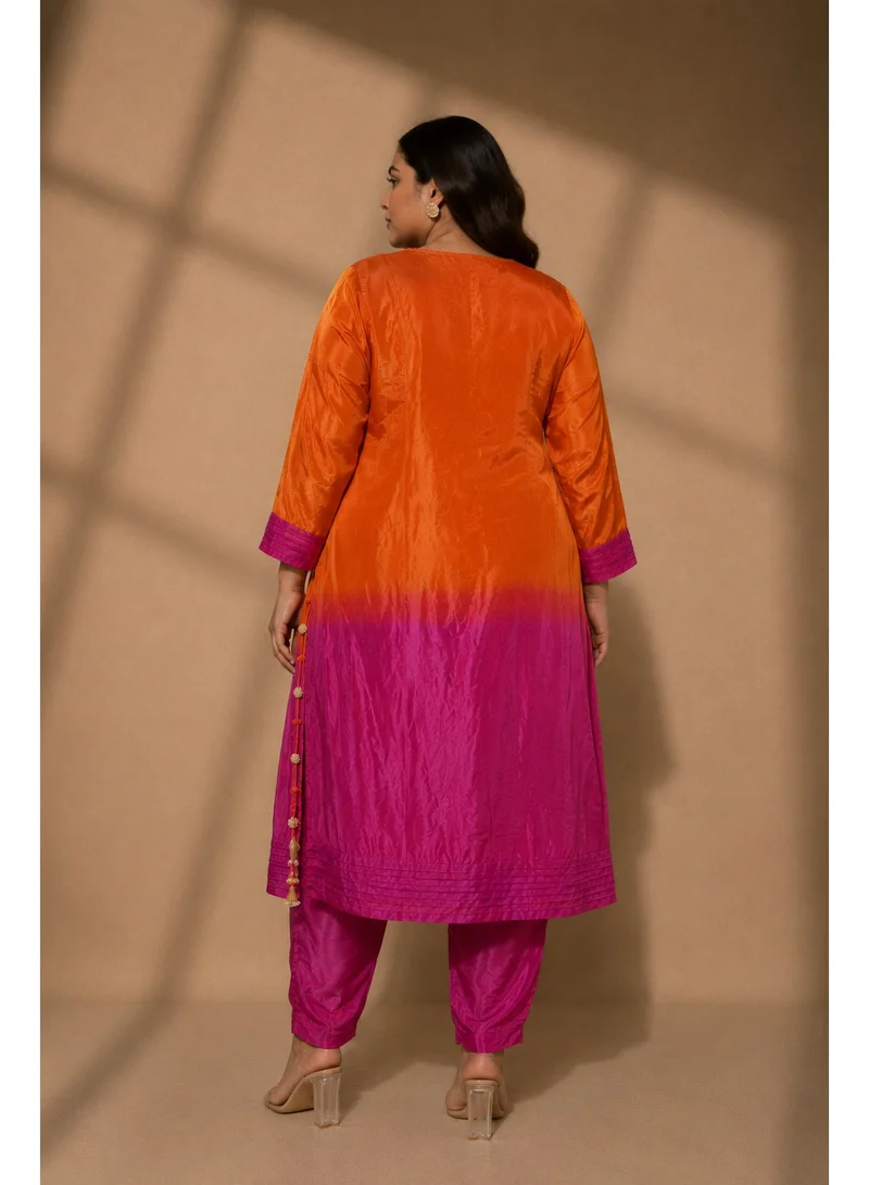 Lehar Orange Ombre Embroidered Straight Kurta with Cigarette Pants Set