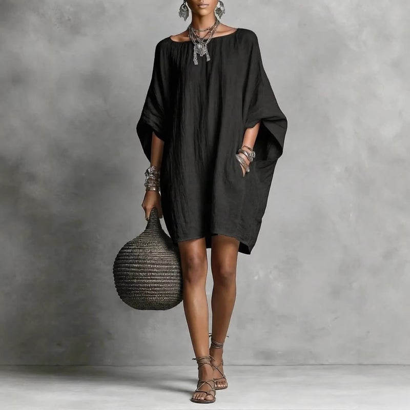 Retro Long Sleeve Off-Shoulder Midi Dress Casual Cotton Linen Dress - Image 3