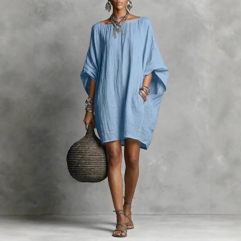 Retro Long Sleeve Off-Shoulder Midi Dress Casual Cotton Linen Dress - Image 1