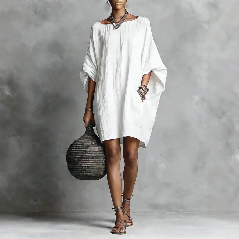 Retro Long Sleeve Off-Shoulder Midi Dress Casual Cotton Linen Dress - Image 2