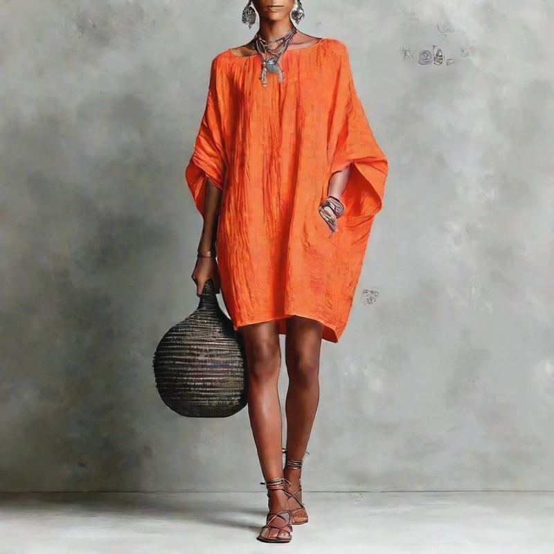 Retro Long Sleeve Off-Shoulder Midi Dress Casual Cotton Linen Dress - Image 4