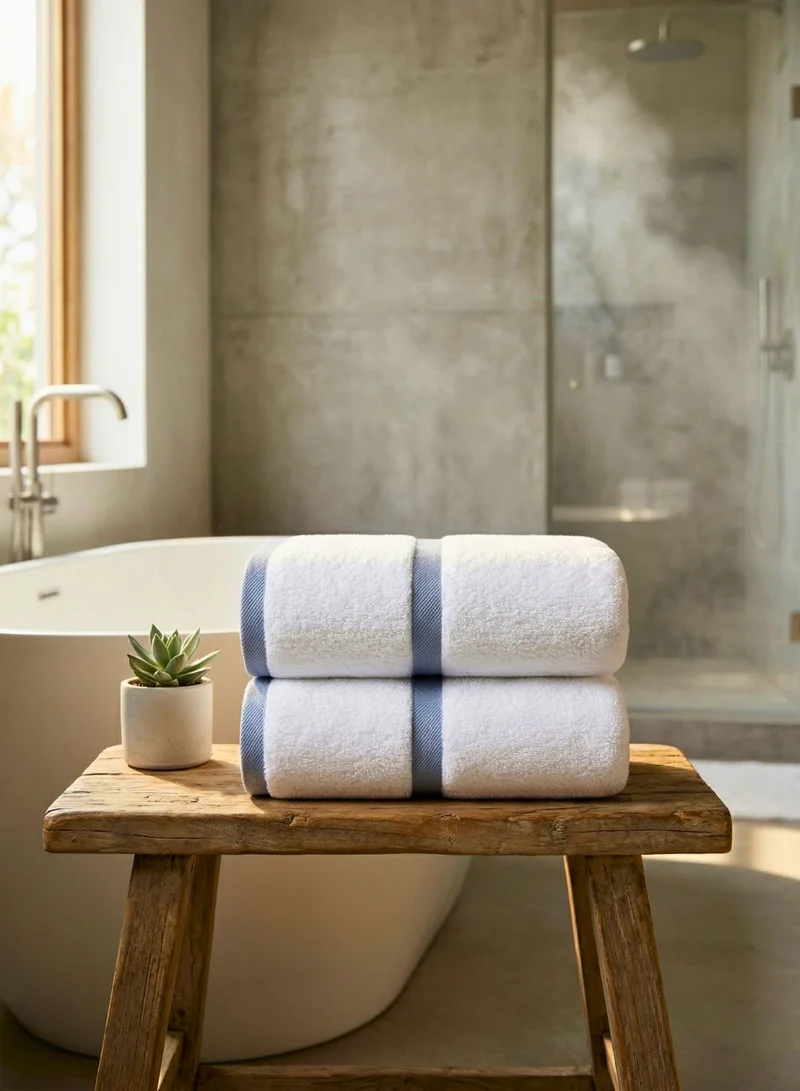 1Chase White/Blue Bath Towel 2-Piece Set – 100% Cotton 600 GSM Soft & Absorbent Bathroom Towels with Blue Border Stripe, Premium Large Towels for Home, Spa & Hotel Use  | Best Price UAE
