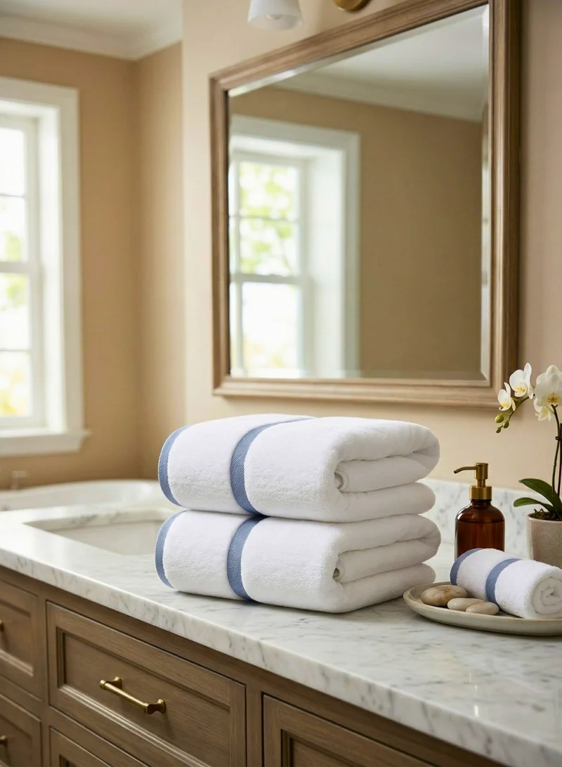 1Chase White/Blue Bath Towel 2-Piece Set – 100% Cotton 600 GSM Soft & Absorbent Bathroom Towels with Blue Border Stripe, Premium Large Towels for Home, Spa & Hotel Use  | Best Price UAE