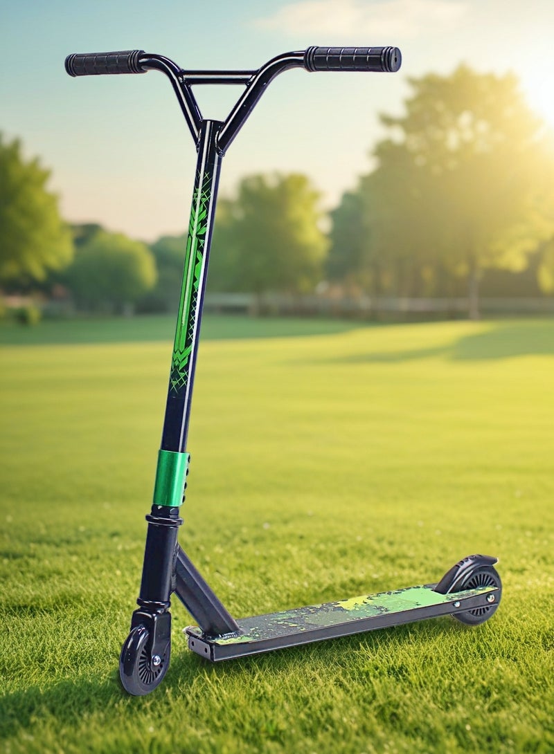 إيزي فيتشور سكوتر حركات بهلوانية احترافي من إيزي فيوتشر - عجلتان، سطح من الألومنيوم مع شريط تثبيت، عجلات من الألومنيوم 110 مم، مقود عريض على شكل حرف T، فرامل فولاذية، سكوتر حركات بهلوانية خفيف الوزن بزاوية 360 درجة للمبتدئين والمتوسطين - Image 1