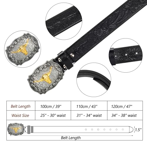 Mawjom Western Cowboy PU Leather Belt - Men Waist Strap Bull Decoration Floral Engraved for Jeans 31" to 34" Waist - Image 3