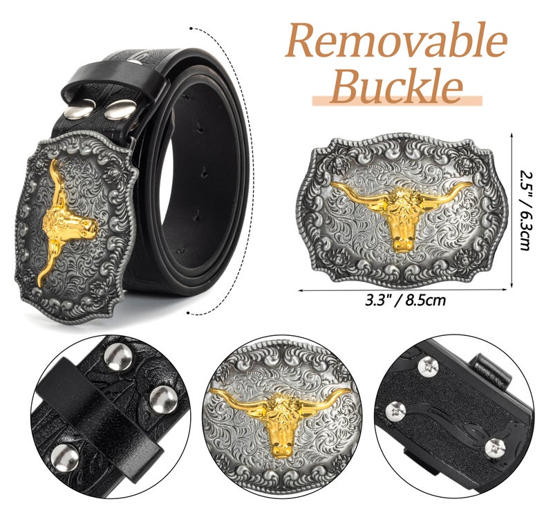 Mawjom Western Cowboy PU Leather Belt - Men Waist Strap Bull Decoration Floral Engraved for Jeans 31" to 34" Waist - Image 2