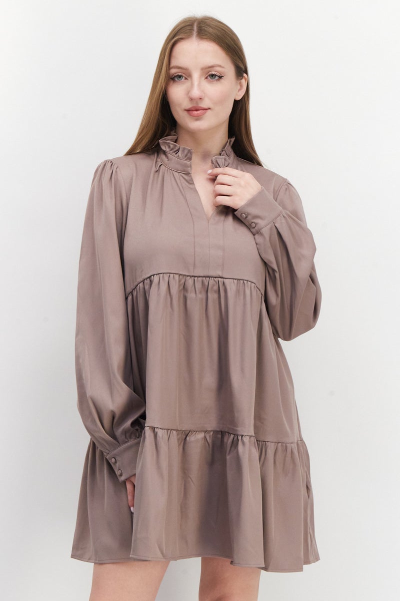 En Saison Women Plain Mini Dress, Mushroom - Image 1