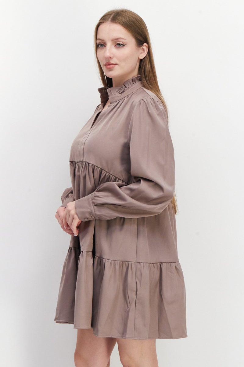En Saison Women Plain Mini Dress, Mushroom - Image 3