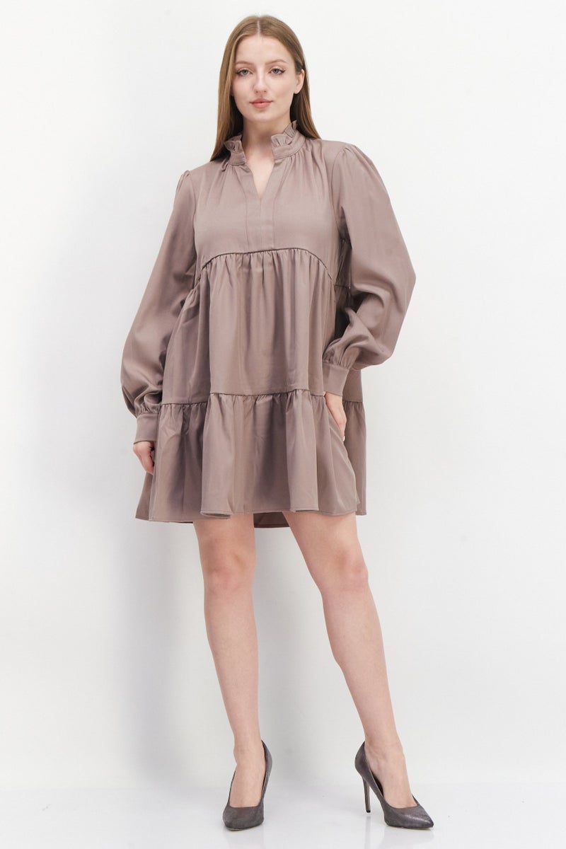 En Saison Women Plain Mini Dress, Mushroom - Image 4