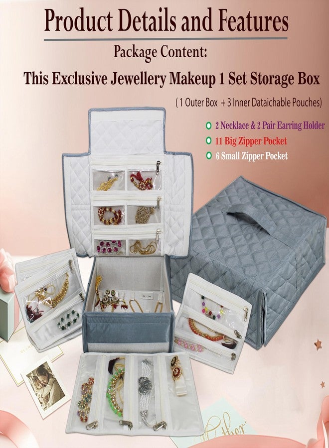 LUCES Cosmetic Makeup Bag Jewellery Organisers Pouch Foldable Travel Jewelry Organizer Case Zipper Locker Storage Box Pouch for Necklaces Earrings Rings Bracelets Grey - Image 4