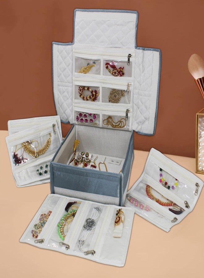 LUCES Cosmetic Makeup Bag Jewellery Organisers Pouch Foldable Travel Jewelry Organizer Case Zipper Locker Storage Box Pouch for Necklaces Earrings Rings Bracelets Grey - Image 1