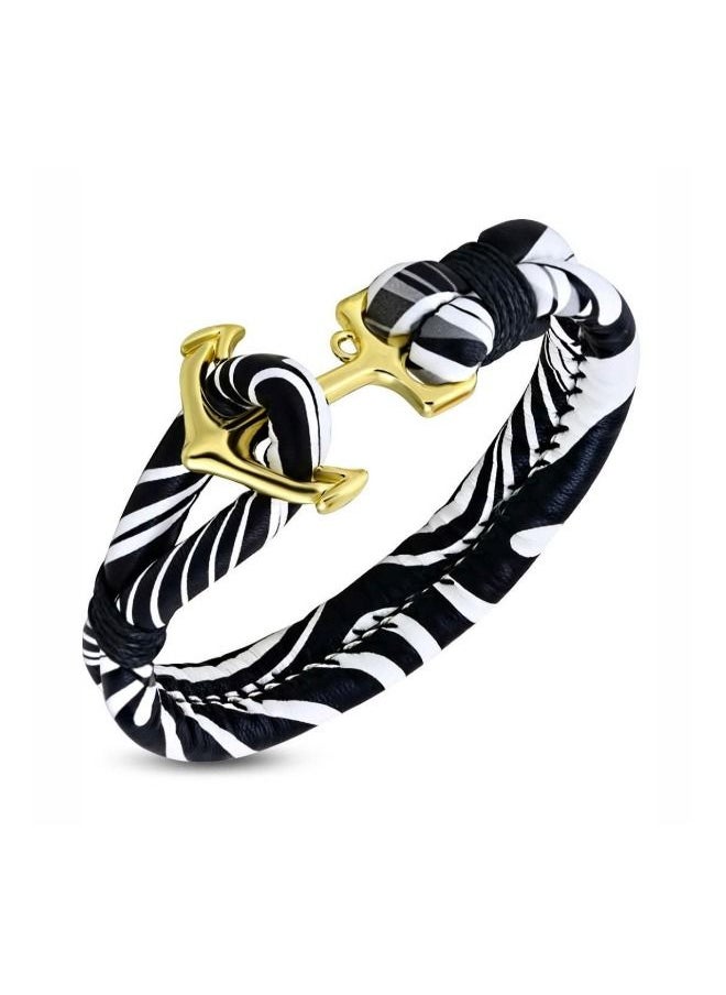 5esha - Men's Leather Bracelet Decorated With Black And White With A Golden Clasp In The Shape Of An Anchor - Image 1