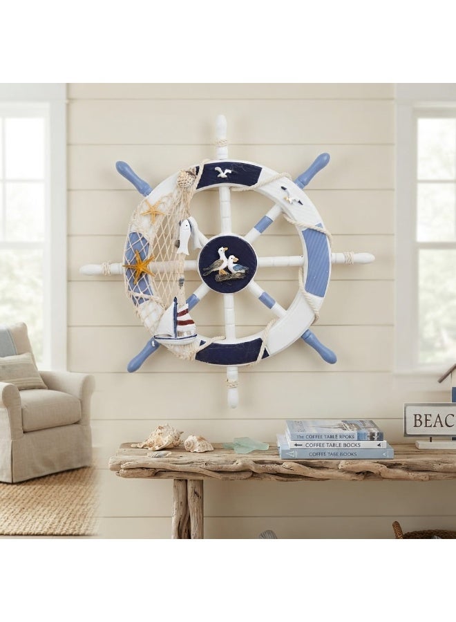 Wooden Ship Steering Wheel Wall Hanging Decor - Nautical Mediterranean Style with Fishing Net, Starfish, Seagulls & Sailboat Accent (White & Blue) - Image 1