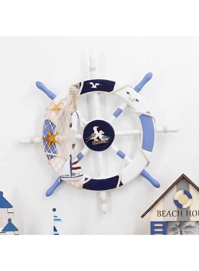 Wooden Ship Steering Wheel Wall Hanging Decor - Nautical Mediterranean Style with Fishing Net, Starfish, Seagulls & Sailboat Accent (White & Blue) - Image 3