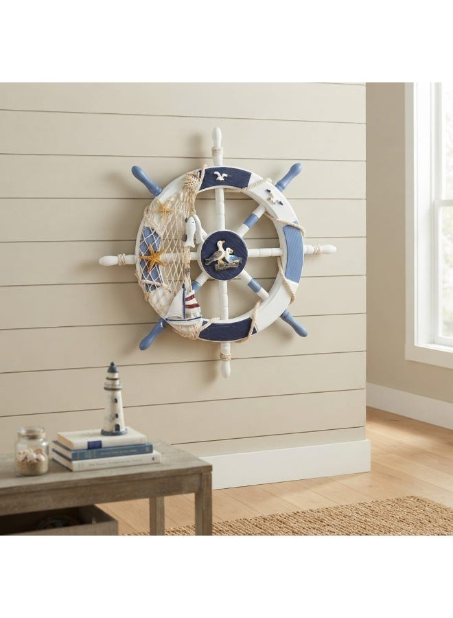 Wooden Ship Steering Wheel Wall Hanging Decor - Nautical Mediterranean Style with Fishing Net, Starfish, Seagulls & Sailboat Accent (White & Blue) - Image 2