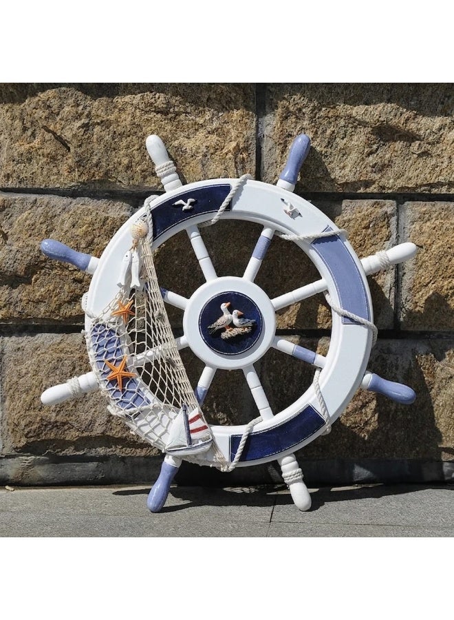 Wooden Ship Steering Wheel Wall Hanging Decor - Nautical Mediterranean Style with Fishing Net, Starfish, Seagulls & Sailboat Accent (White & Blue) - Image 5