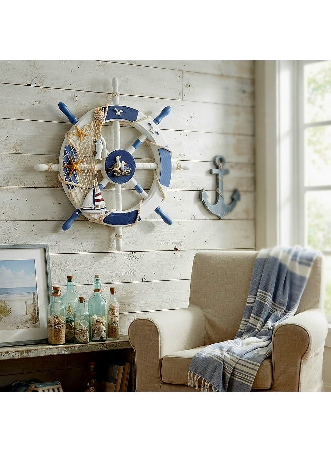 Wooden Ship Steering Wheel Wall Hanging Decor - Nautical Mediterranean Style with Fishing Net, Starfish, Seagulls & Sailboat Accent (White & Blue) - Image 4
