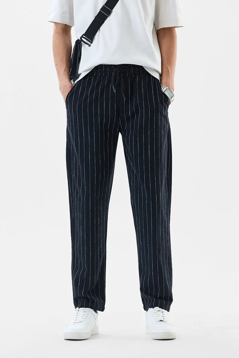 SNITCH Black Black Striped Straight Fit Casual Trousers for Men | Best Price UAE