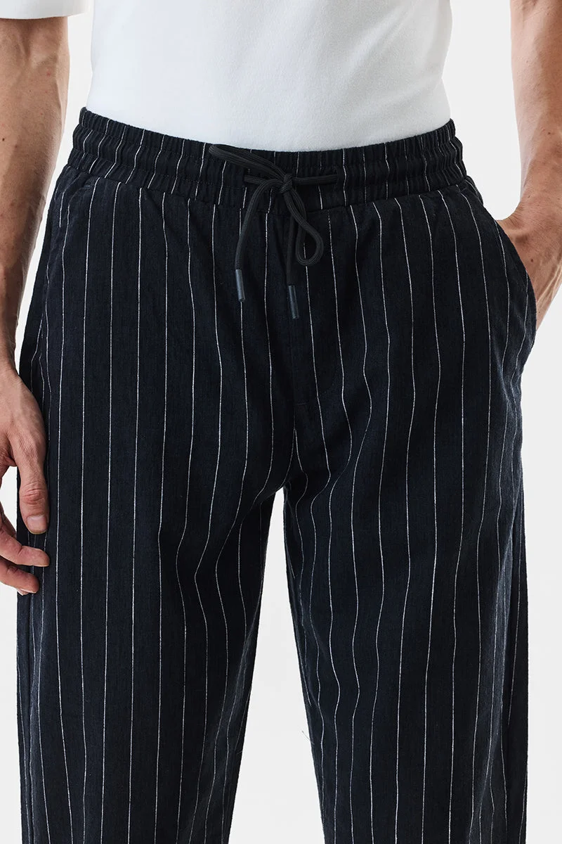 SNITCH Black Black Striped Straight Fit Casual Trousers for Men | Best Price UAE