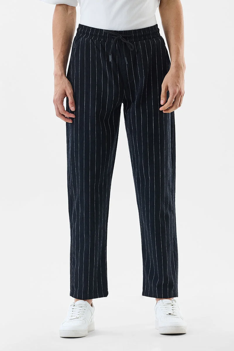 SNITCH Black Black Striped Straight Fit Casual Trousers for Men | Best Price UAE