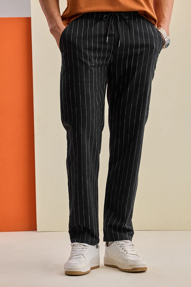 Black Striped Straight Fit Casual Trousers