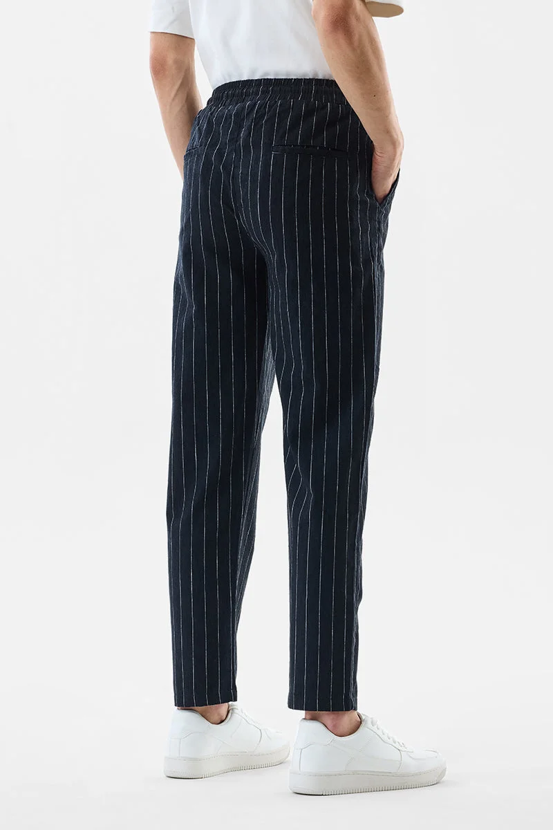 SNITCH Black Black Striped Straight Fit Casual Trousers for Men | Best Price UAE