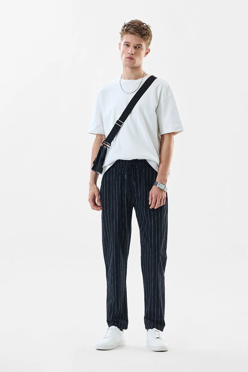 SNITCH Black Black Striped Straight Fit Casual Trousers for Men | Best Price UAE