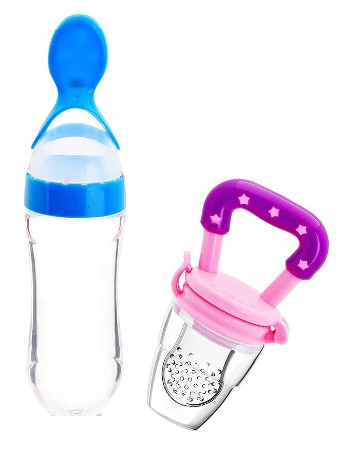 Lappu Baby Rice Paste Milk Bottle Food Feeder & Baby Fruit Nibbler (Blue-Pink) - Image 1