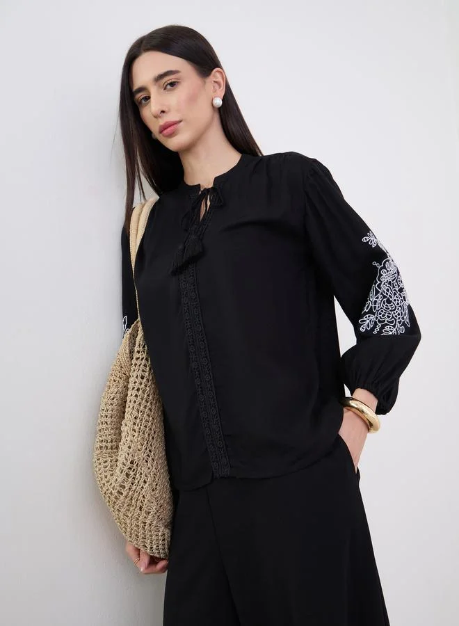 Styli Black Embroidered Balloon Sleeve Blouse