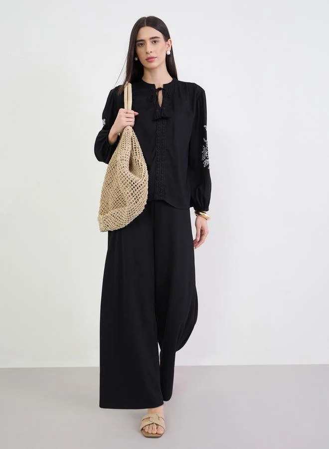 Styli Black Embroidered Balloon Sleeve Blouse