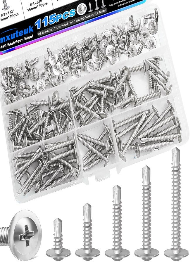 mxuteuk #8 Self Tapping Screws,410 Stainless Steel Self Tapping Screws for Metal,(1/2",5/8",3/4",1",1-1/4") Modified Truss Head Self Drilling Screw Sheet Metal Screw for Metal(115PCS) - Image 1