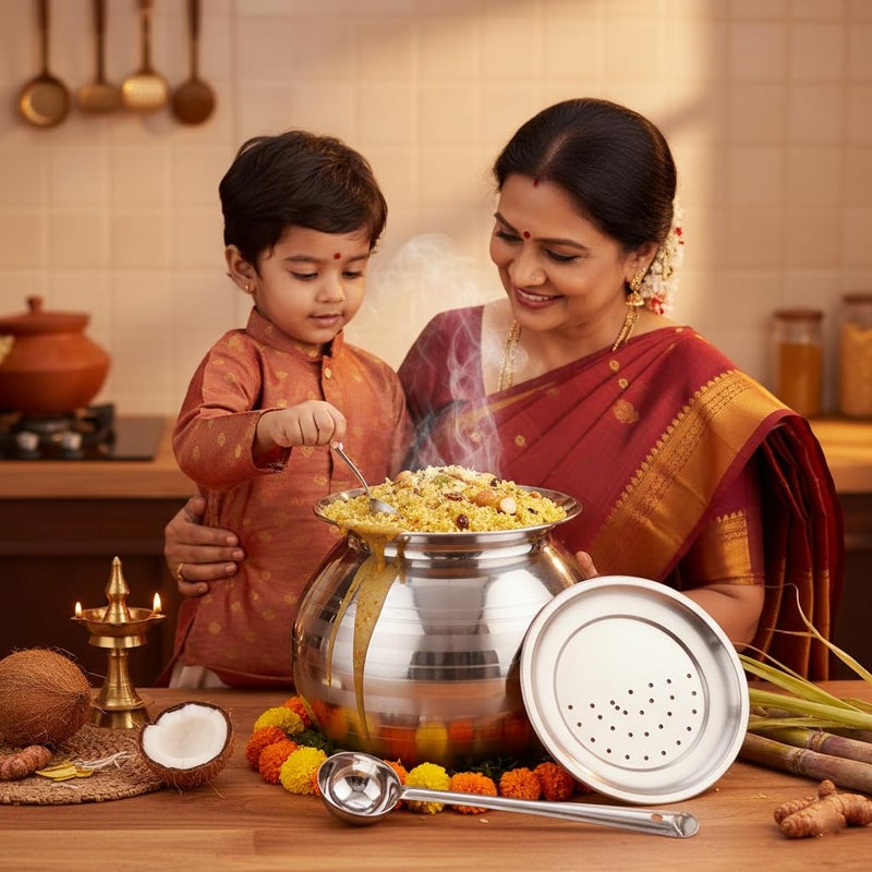 Thangam Stainless Steel Large Pongal Rice Pot/Rice Strainer/Pongal Pot/Gundu/Cooker/Handi with Lid Vadi Plate and Ladle/Spoon, 4 Litres-4pcs Set - Image 2