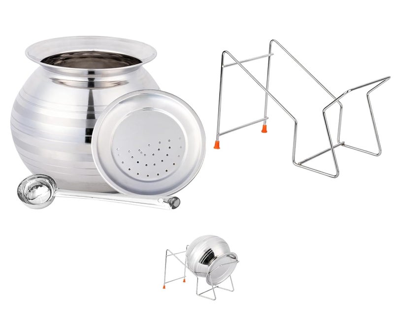 Thangam Stainless Steel Large Pongal Rice Pot/Rice Strainer/Pongal Pot/Gundu/Cooker/Handi with Lid Vadi Plate and Ladle/Spoon, 4 Litres-4pcs Set - Image 1