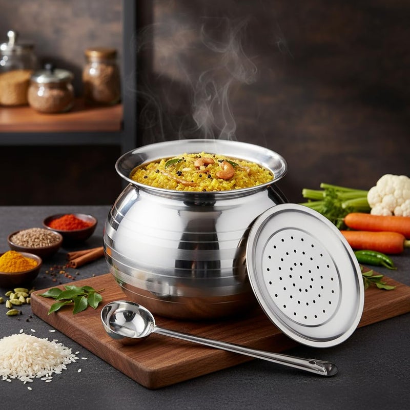 Thangam Stainless Steel Large Pongal Rice Pot/Rice Strainer/Pongal Pot/Gundu/Cooker/Handi with Lid Vadi Plate and Ladle/Spoon, 4 Litres-4pcs Set - Image 4