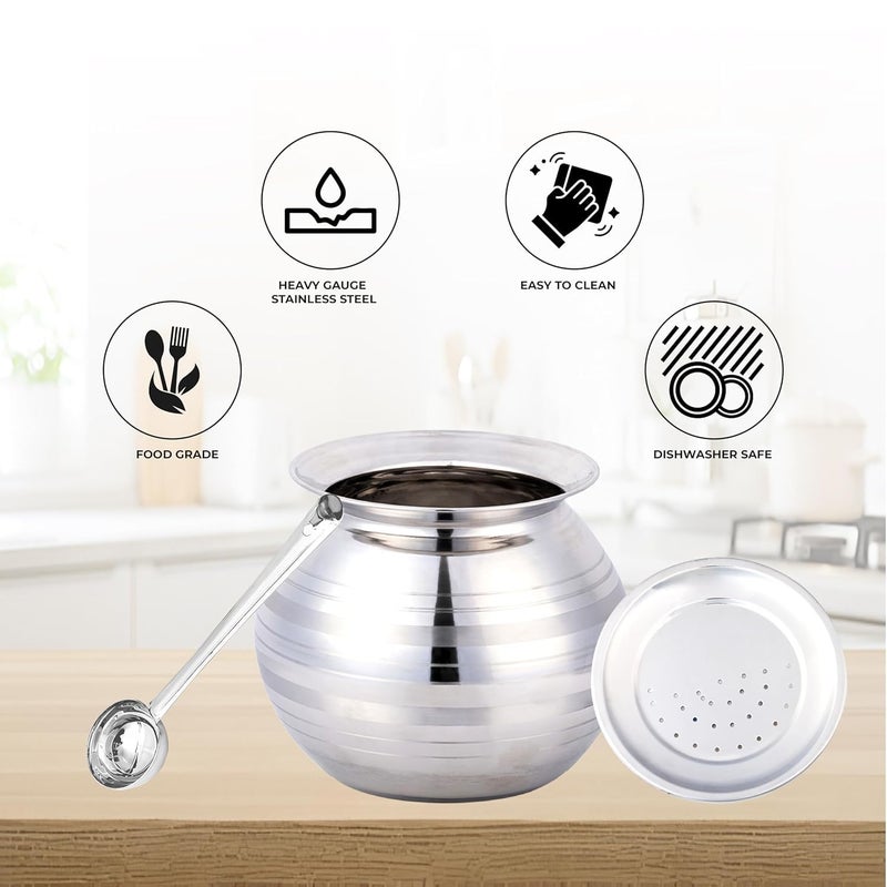 Thangam Stainless Steel Large Pongal Rice Pot/Rice Strainer/Pongal Pot/Gundu/Cooker/Handi with Lid Vadi Plate and Ladle/Spoon, 4 Litres-4pcs Set - Image 3