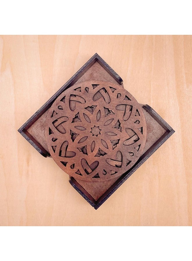 IndionArt Ashtadash 88mm Decorative Wooden Tea Coaster Set with Stand Hand-Painted Spill-Resistant Mandala Design (6, Clove Brown) - Image 1