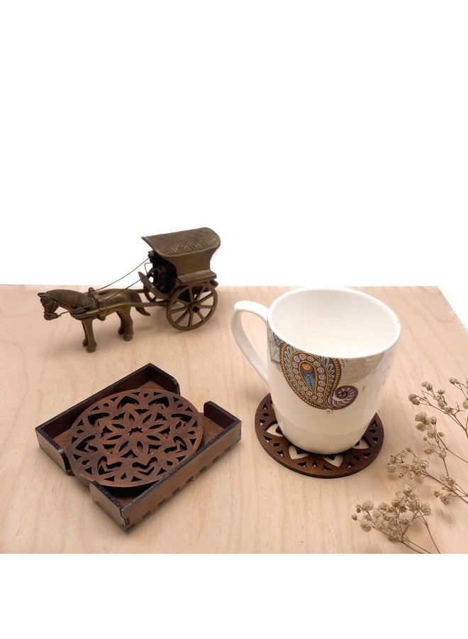 IndionArt Ashtadash 88mm Decorative Wooden Tea Coaster Set with Stand Hand-Painted Spill-Resistant Mandala Design (6, Clove Brown) - Image 4