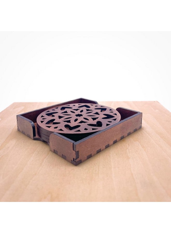 IndionArt Ashtadash 88mm Decorative Wooden Tea Coaster Set with Stand Hand-Painted Spill-Resistant Mandala Design (6, Clove Brown) - Image 3